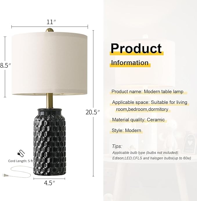 20.5" Black Modern Ceramic Bedside Lamp Set of 2 for Bedroom Decor Farmhouse Table Lamp for Living Room Office Dorm - Bloomnest