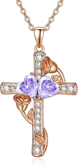Rose Gold Dual Birthstones Cross Necklace for Women Rose Flower Jewelry Anniversary Christmas Mother's Valentine's Day Birthday Gift for Wife Girlfriend Mom - Bloomnest