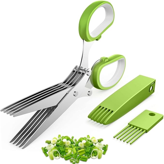 Herb scissors, kitchen scissors, 5 blades with cap, kitchen gadget. Can also be used for paper cutting. Sharp, made of stainless steel. - Bloomnest