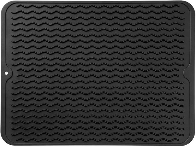 Silicone Dish Drying Mat for Multiple Usage,Easy clean,Eco-friendly,Heat-resistant Silicone Mat for Kitchen Counter or Sink,Refrigerator or drawer liner Black L 16 inches x 12 inches - Bloomnest