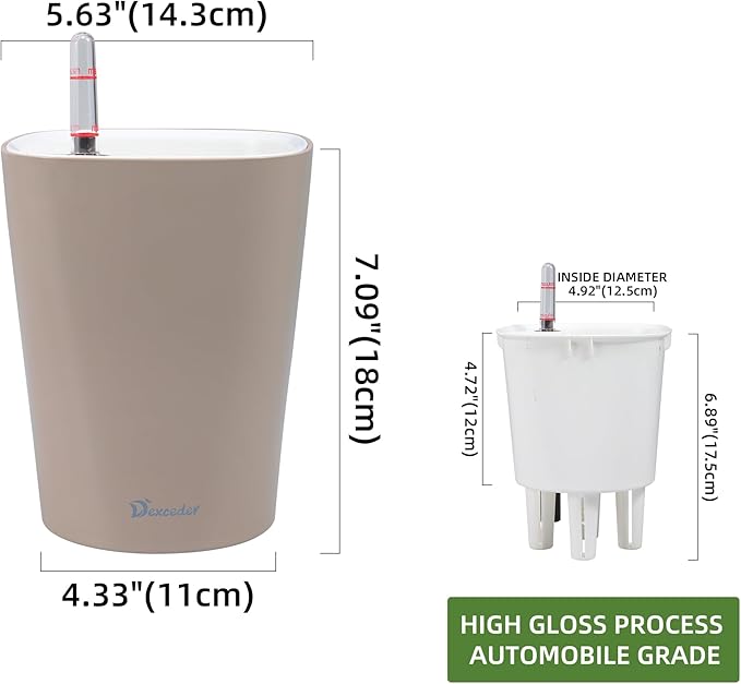 Dexceder 6x7 Self Watering Planter Indoor Outdoor, High Gloss Table Flower Plant Pot with Water Level Indicator (Taupe) - Bloomnest