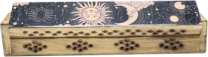 SOUL STICKS Handmade Carved Incense Burner Wooden Coffin Box with Storage Includes Go Away Evil Incense Sticks (Pink Sun and Moon) - Bloomnest