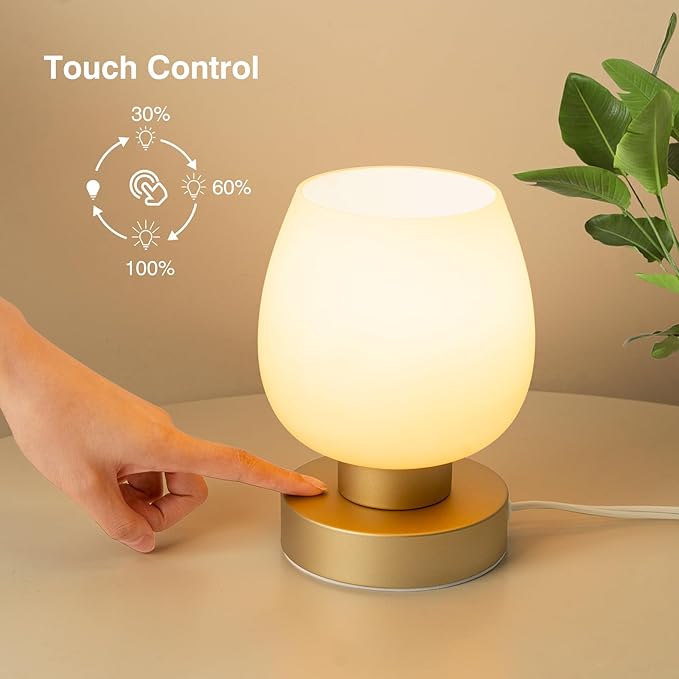 Touch Bedside Table Lamp Set of 2 - Small Modern Table Lamp for Bedroom Living Room Nightstand, 3-Way Dimable Desk lamp with Desert Titanium Color Glass Lamp Shade, 2700K LED Bulb, Simple Design - Bloomnest
