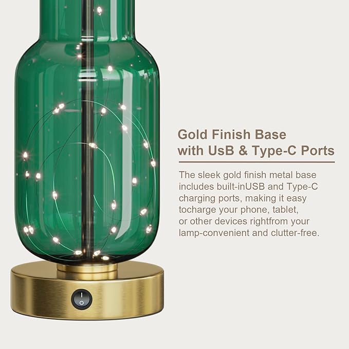 Oneach 22" Glass Table Lamps Set of 2, Green Modern Bedside Lamp with LED Night Light for Living Room, Nightstand Lamp with USB Ports for Bedrooms, Study Room, End Table(2 Bulbs Included) - Bloomnest