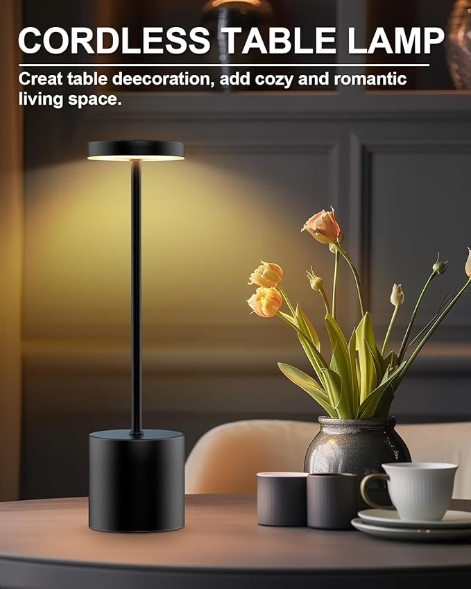 Cordless Table Lamps Rechargeable, Portable LED Desk Lamp, 5000mAh Battery Powered Wireless Table Light - 3 Color Dimmable Lighting for Restaurant Dining Patio Outdoor Bedroom(Black) - Bloomnest