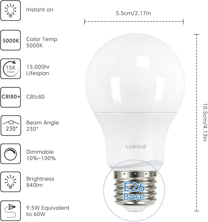 Linkind Dimmable A19 LED Light Bulbs, 60W Equivalent, E26 Base, 5000K Daylight, 9.5W 840 Lumens 120V, UL Listed FCC Certified, Pack of 24 - Bloomnest