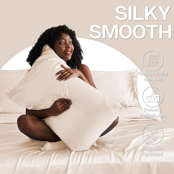 MR&HM Satin Pillowcase for Hair and Skin, Silk Satin Pillowcase 2 Pack, Standard Size Pillow Cases Set of 2, Silky Pillow Cover with Envelope Closure (20x26, Beige) - Bloomnest