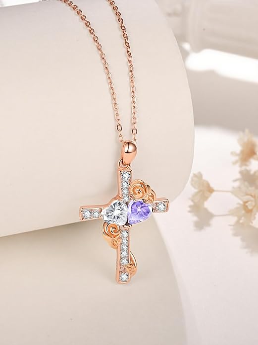 Rose Gold Dual Birthstones Cross Necklace for Women Rose Flower Jewelry Anniversary Christmas Mother's Valentine's Day Birthday Gift for Wife Girlfriend Mom - Bloomnest