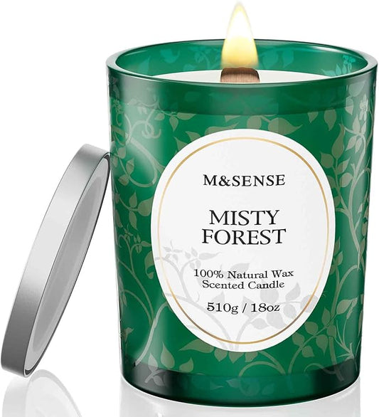 M&SENSE Misty Pine Forest Candle, Cracking Wooden Wick Soy Wax, 18oz 100 Hours Long Lasting Clean Burn, Large Fall Candles for Home Scented, Winter Holiday Gifts for Women Christmas - Bloomnest