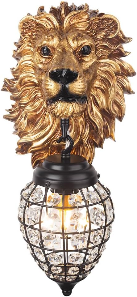 Lion Head Wall Decor Sconces Wall Lighting Retro Baroque Crystal Sconce Gold Luxury Wall Lights Fixtures for Living Room Bedroom Bedside Stairs Bathroom Mirror Headlights Lamp, E26 (B) - Bloomnest