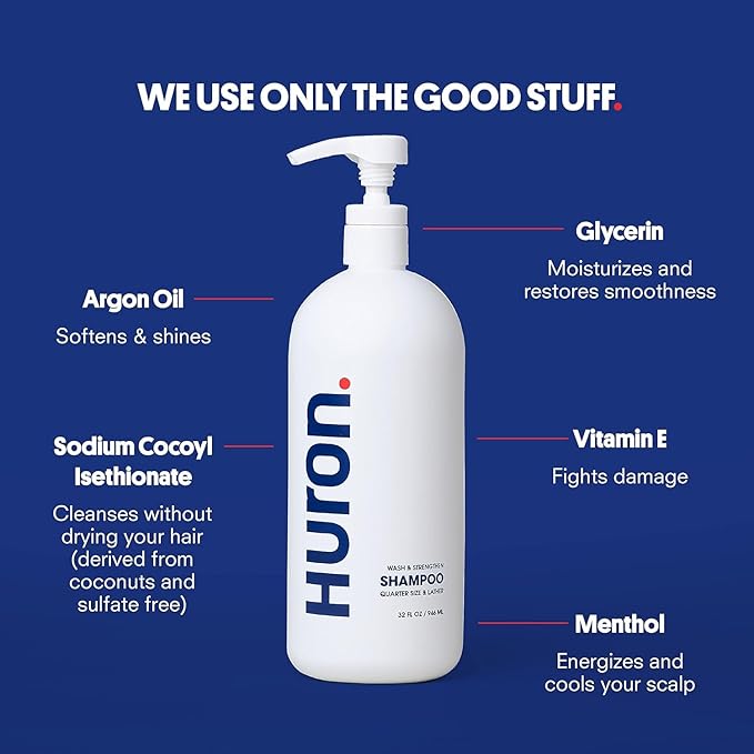 Huron Jumbo Shower Kit - Shampoo, Conditioner, & Body Wash For Men - Sea Salt + Driftwood Scent - Hydrating & Nourishing Men’s Shampoo & Conditioner (30.3 Oz Each) - Bloomnest