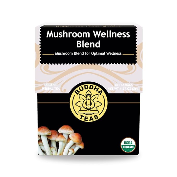 Buddha Teas - Organic Mushroom Wellness Blend - Herbal Tea - For Health & Wellbeing - With Antioxidants & Minerals - Clean Ingredients - Caffeine Free - OU Kosher & Non-GMO - 18 Tea Bags (Pack of 1). - Bloomnest