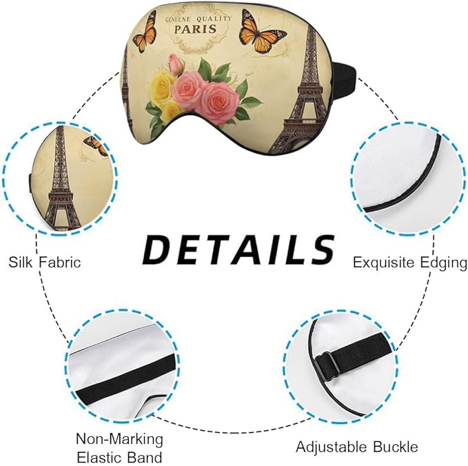 Eiffel Tower Eye Mask Sleeping Mask Vintage Paris Postcard Flower Butterfly Sleep Masks Silky Soft Eye Cover for Women Men Shading Blindfold for Air Travel Sleeping - Bloomnest