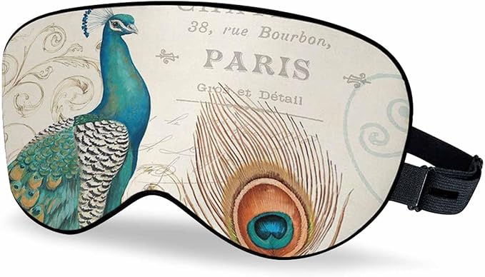 Peacock Flowers Sleep Eye Mask Vintage Feather Letter Green Brown Men Women Sleep Mask with Adjustable Strap Eye Cover Eye Shade for Travel, Nap,Meditation - Bloomnest