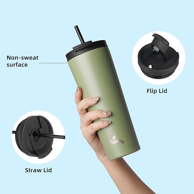 30 OZ Insulated Tumbler with Lid and 2 Straws Stainless Steel Water Bottle Vacuum Travel Mug Coffee Cup,ArmyGreen - Bloomnest