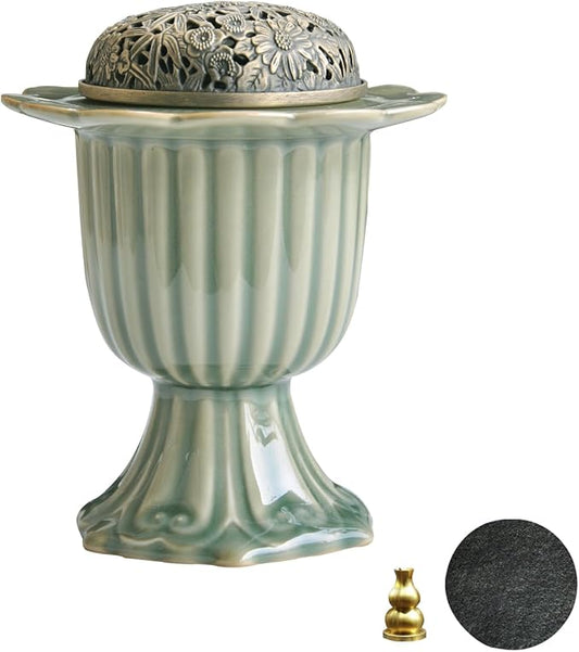 Ceramic Incense Holder with Braze Lid,Incense Cone Burner for Coil Incense,Mediation Gift,Home Decor (Light Green) - Bloomnest