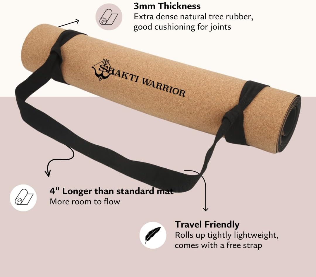 Shakti Warrior Cork Yoga Mat - Artist Designed, Premium Printed Eco-Friendly Non-Slip mat, Great for Regular & Hot Yoga, Pilates, Workouts 72 inch x 24 inch x 3mm Thick