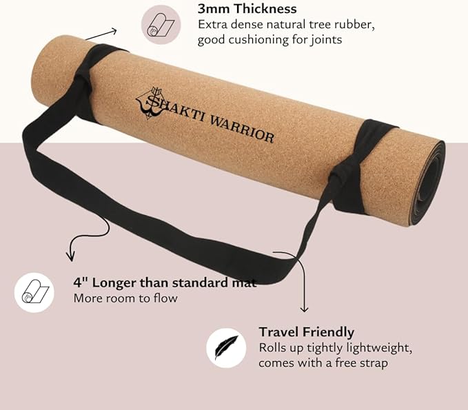 Shakti Warrior Cork Yoga Mat - Artist Designed, Premium Printed Eco-Friendly Non-Slip mat, Great for Regular & Hot Yoga, Pilates, Workouts 72 inch x 24 inch x 3mm Thick - Bloomnest
