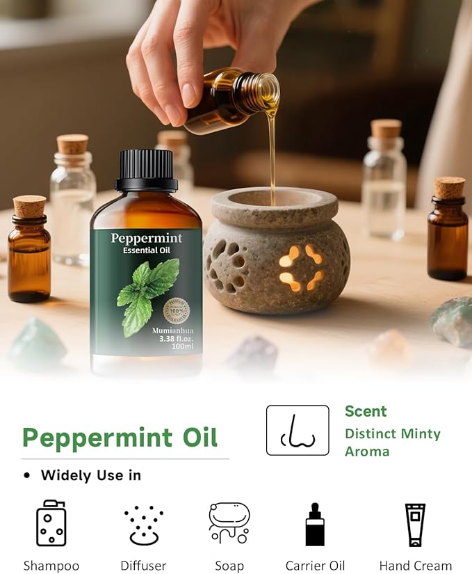 Peppermint Essential Oil Pure, Mumianhua Natural Peppermint Oil for Diffuser, Aromatherapy, Skin, Hair,SPA, DIY, Soap Making,Cleaning 3.38 Fl Oz - Bloomnest