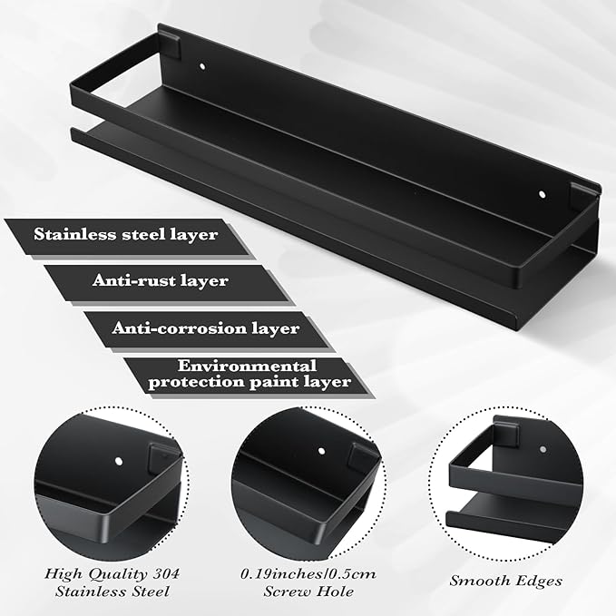 Lallisa 2 Pieces Stainless Steel Shelf Bathroom Shower Floating Shelves Wall Mounted Shower Caddy Basket Shelf Storage Organizer Shelves for Bathroom, Kitchen, Living Room (Black,15.75 Inch/ 40 cm) - Bloomnest