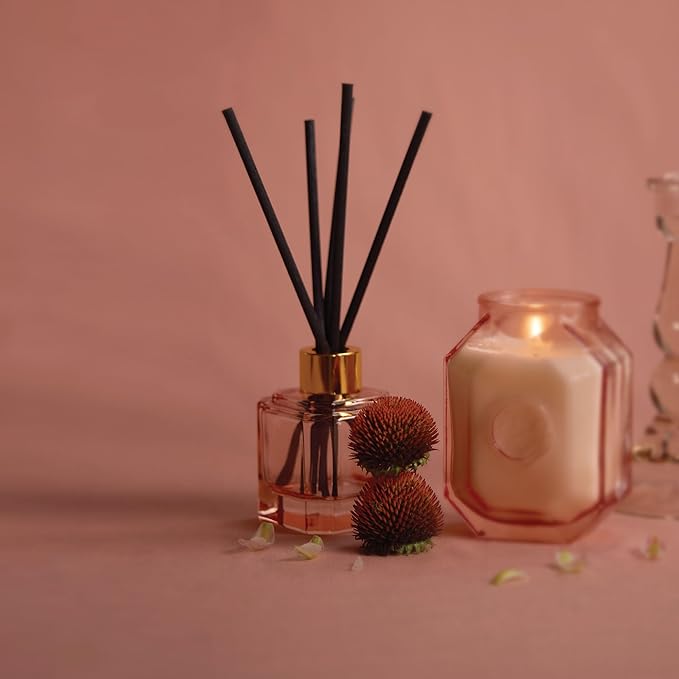 Paddywax Botanica Scented Oil Diffuser with Reeds in Reusable Pink Glass Bottle, Tubed Gift Box, Includes Diffuser Sticks, Long-Lasting Fragrance, Reusable & Upcyclable, Saffron Rose, 2.8 fl oz PaddywaxCandles