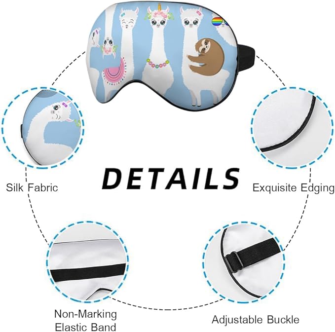 White Llamas Sleep Mask Eye Mask Alpaca Sloth Rainbow Glasses Llamas Cute Flowers Blue Sleep Mask Light Blocking Adjustable Smooth Soft Eye Masks for Women Deep Rest Travel - Bloomnest