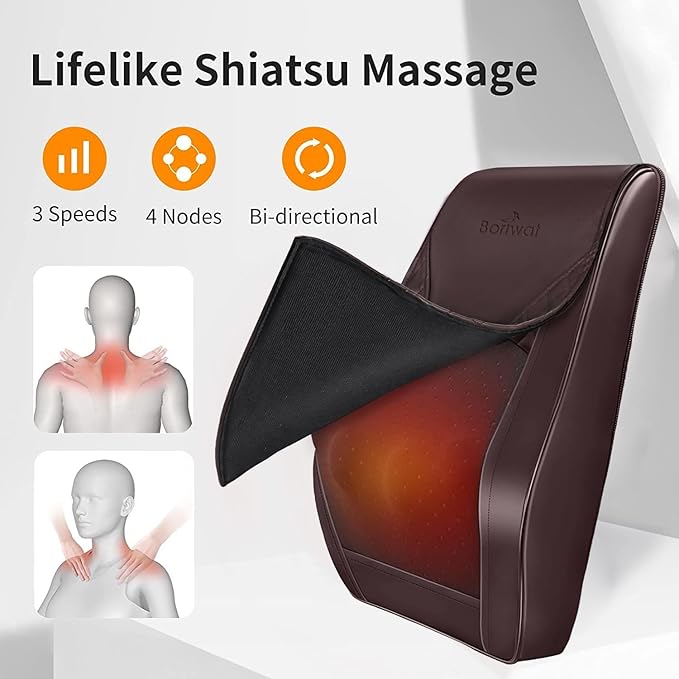 Boriwat Back Massager with Heat, Massagers for Neck and Back, 3D Kneading Massage Pillow for Back, Neck, Shoulder, Leg Pain Relief, Gifts for Men Women Mom Dad, Stress Relax at Home Office and Car Boriwat