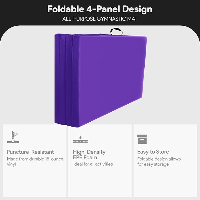 BalanceFrom 10x4 Feet 4-Panel Folding Gymnastics Mat – 2-Inch Thick Pad with Vinyl Surface and Carrying Handles for Tumbling, Yoga, Pilates, Home Workouts, and Martial Arts - Bloomnest