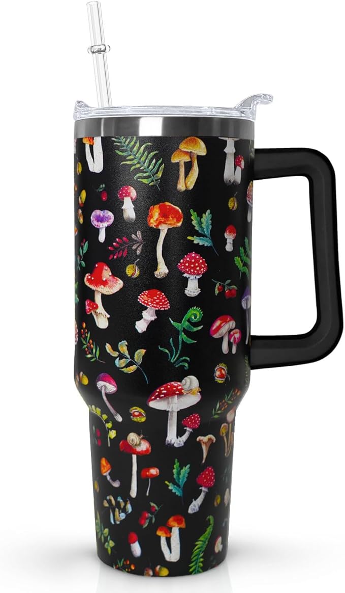 Ceovfoi 40 Oz Mushroom Tumbler With Handle,Mushroom Coffee Travel Mug Cup Water Bottle,Mushroom Decor,Mushroom Gifts for Women - Bloomnest