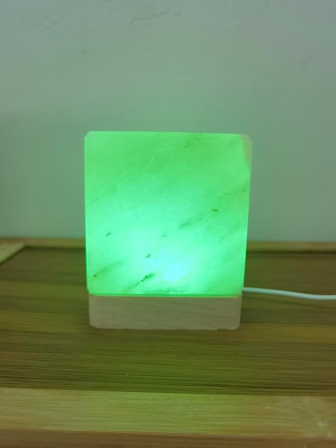 USB Colour Gradient Himalayan Salt lamp, Solid Wood Base Atmosphere Decoration Square Salt lamp with Remote Control, Natural Crystal Stone Bedside Night Light, Handmade Crafts.