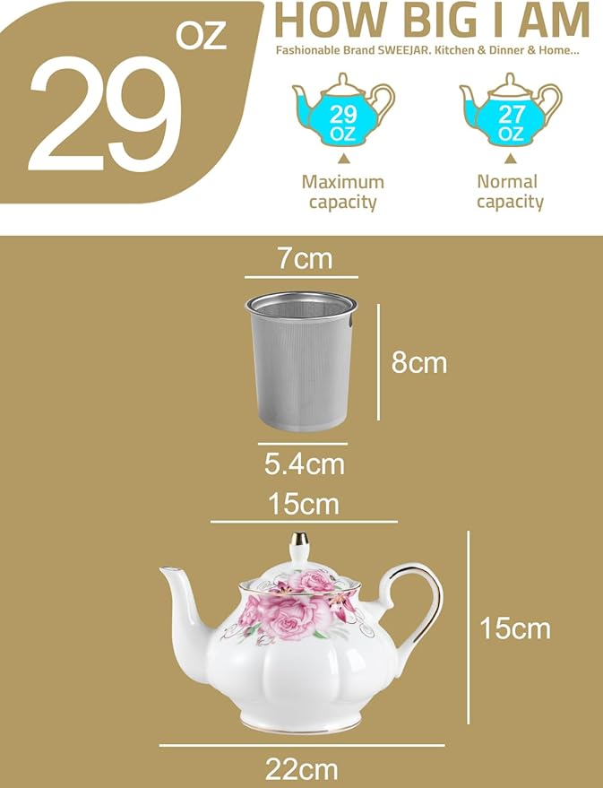 Sweejar Ceramic Teapot with Infuser, Floral Relief Gold Rimmed Teapot, 29 OZ Porcelain Tea Pot for Blooming and Loose Tea, Coffee...(Flower Style) - Bloomnest