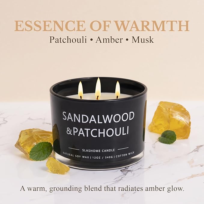 Patchouli Amber Candle, Large 3 Wick 12oz Soy Candle for Home Scented, Luxury Elegant Jar Candle Gift for Women & Men, Long-Lasting Non-Toxic Burn 60+ Hours, Warm Earthy Aromatherapy Home Décor - Bloomnest