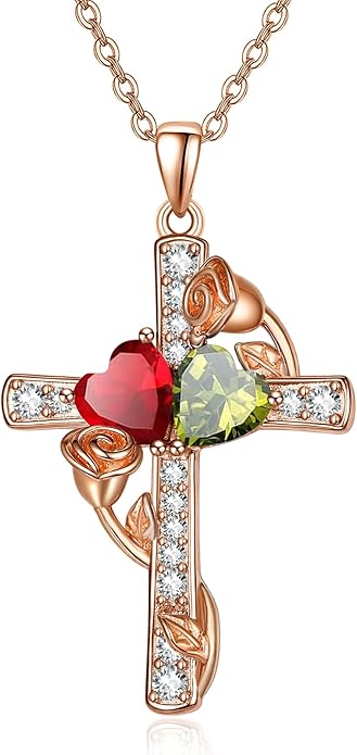 Rose Gold Dual Birthstones Cross Necklace for Women Rose Flower Jewelry Anniversary Christmas Mother's Valentine's Day Birthday Gift for Wife Girlfriend Mom - Bloomnest