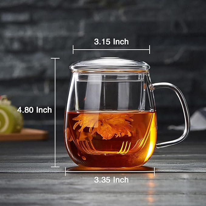 Glass Teacups 4 Pack Glass Tea Cup with Infuser and Lid, 17.6oz/520ml Large Borosilicate Teacup,Tea Clear Mug Cup for Loose Leaf Blooming Tea, Microwave & Dishwasher Safe - Bloomnest