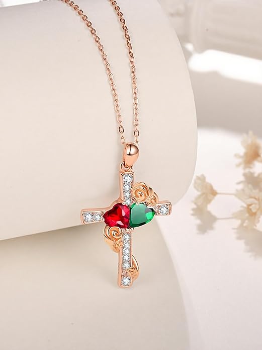 Rose Gold Dual Birthstones Cross Necklace for Women Rose Flower Jewelry Anniversary Christmas Mother's Valentine's Day Birthday Gift for Wife Girlfriend Mom - Bloomnest