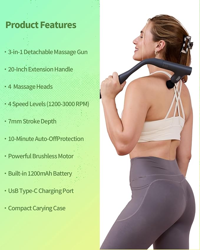 Convertible 3-in-1 Massage Gun Deep Tissue with Extended Handle, Back Pain Relief Percussion Muscle Massager for Neck Shoulder Men Women - Bloomnest