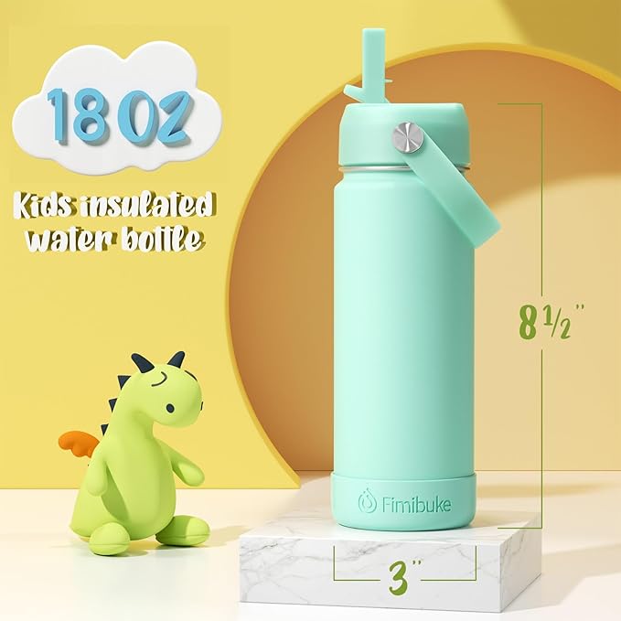 Fimibuke Kids Insulated Water Bottle, 18oz BPA FREE 18/8 Stainless Steel Kids Cup with Straw Travel Tumbler Double Wall Vacuum Leak Proof Toddler Water Bottle for School Boys Girls(1 Pack, Mint) - Bloomnest