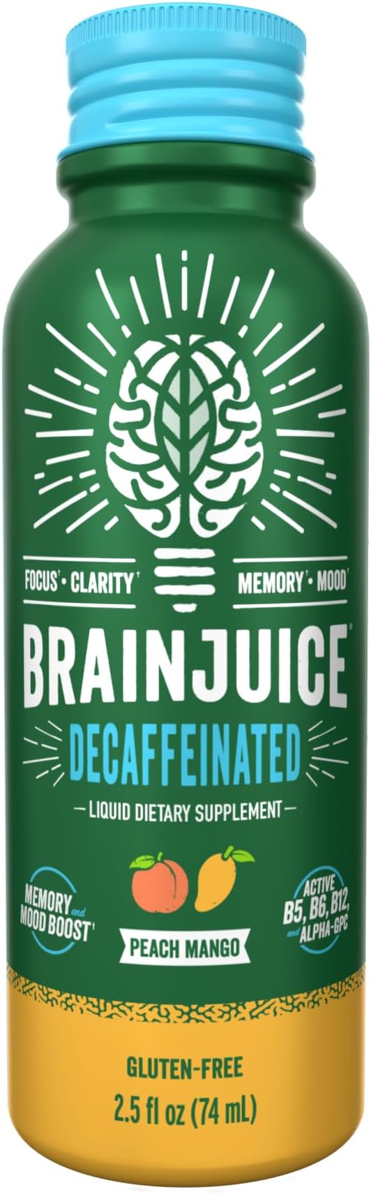 BrainJuice Decaf Brain Support Shot, Gluten Free Supplement Shots for Energy & Focus, Healthy Drinks with Alpha GPC, Vitamin B & Decaffeinated Green Tea Leaf, Peach Mango, 2.5 fl oz, 12 Pack - Bloomnest