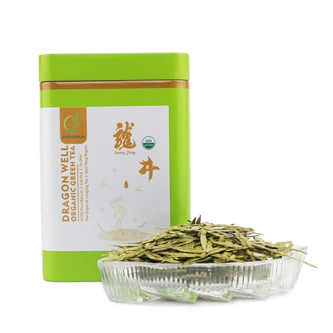 EFOOFAN Organic Dragonwell Green Tea Loose Leaf, 3.53oz/100g, USDA/EC Certified, 2nd Pick/YuQian Chinese Tea Leaves, Longjing Cha - Bloomnest