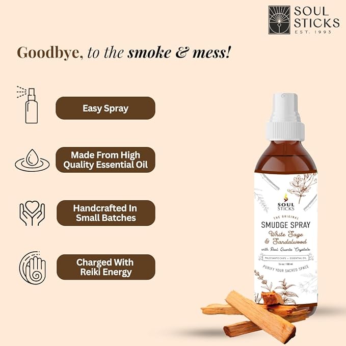 SOUL STICKS White Sage & Sandalwood Smudge Spray For Cleansing and Negative Energy | 3.5oz White Sage Smudge Spray with Real Quartz Crystals | Car Fragrance Sage Room Spray for Spiritual Cleansing SoulSticks
