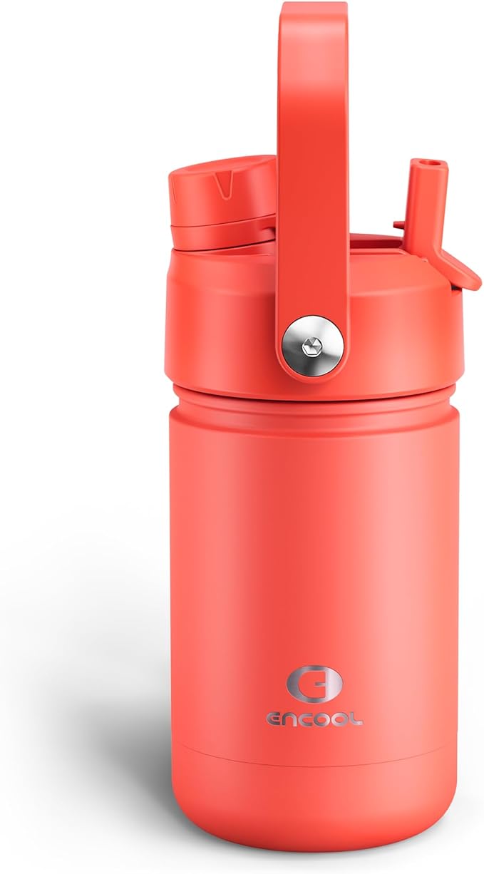 Kids Insulated Water Bottle with Straw - 12oz Stainless Steel Water Bottle with Dual Spouts, Leak-Proof, BPA-Free, Double Wall Vacuum Keeps Cold for 24 Hours for Sports, Travel, School (Tawny Orange) ENCOOL