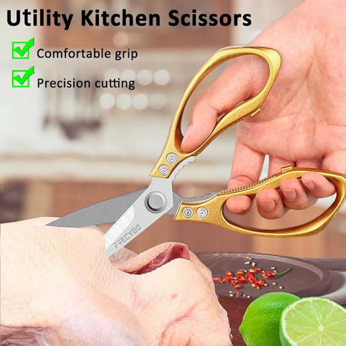 Kitchen Scissors, 2-Pack Multipurpose Kitchen Shears with Comfort Grip, Stainless Steel Cooking Scissors for Cutting Chicken, Meat, Food, Fish, Bread (Golden) - Bloomnest