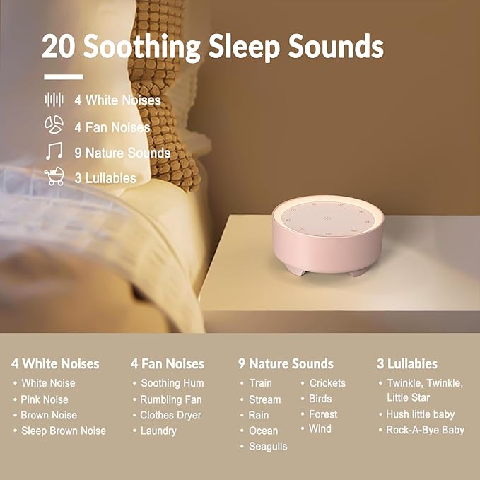 Kipcush Sound Machine & Night Light for Adults, Baby, Kids. White Noise Machine with 20 Soothing Sleep Sounds. Small Size & Portable Design for Bedroom, Office, Travel. Favorites Buttons, Timer（Pink） - Bloomnest