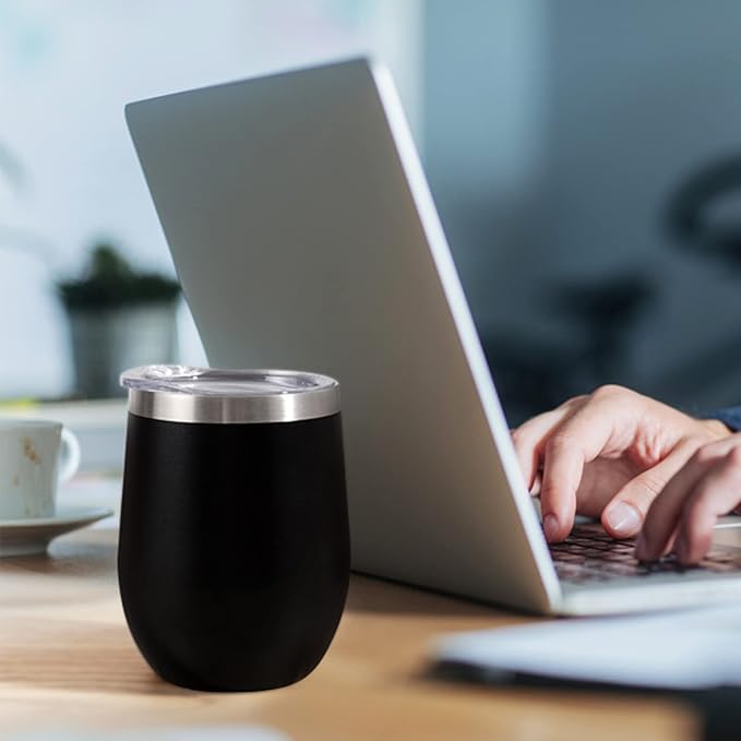 12 oz Insulated Wine Tumbler with Lid and Straw,Stainless Steel Stemless Wine Tumbler Glasses Double Wall Vacuum Wine Cups Tumbler Bulk for Coffee,Cocktail,Office(Black,8) - Bloomnest