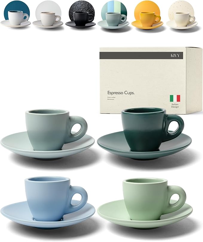 KIVY Espresso Cups Set of 4 [Set 4x 3oz]- Espresso Set Thick Walled Stoneware Espresso Cup Set - Italian Style Espresso Cups and Saucers - Coffee Mugs - Pastell Green, Blue - Bloomnest