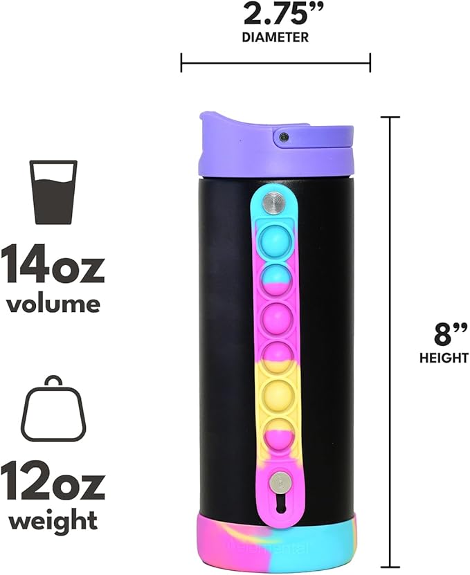 Elemental Iconic Kids Water Bottle for School - 100% Leak-Proof Insulated Water Bottles with Straw Lid & Pop-It Handle for Boys & Girls - Triple-Wall Insulated & BPA-Free, 14oz – Black Tie Dye - Bloomnest
