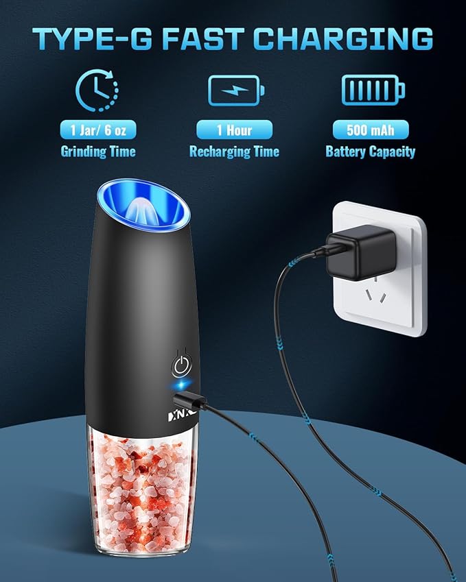 XinXu Gravity Electric Pepper and Salt Grinder Set, Adjustable Coarseness, with LED Light, One Hand Automatic Operation (Rechargeable Set/Black X) - Bloomnest