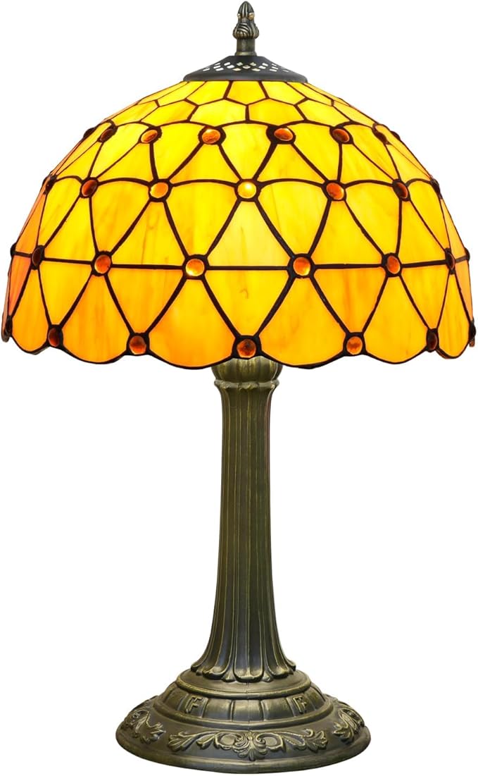 Tiffany Lamp Vintage Bead Orange Table Lamps Bedside for Bedroom Dector Stained Glass Lamps Living Room end Office Kitchen Hotel Bar Farmhouse 12 Inch Aesthetic Nightstand 70s 80s Reading Desk Light - Bloomnest