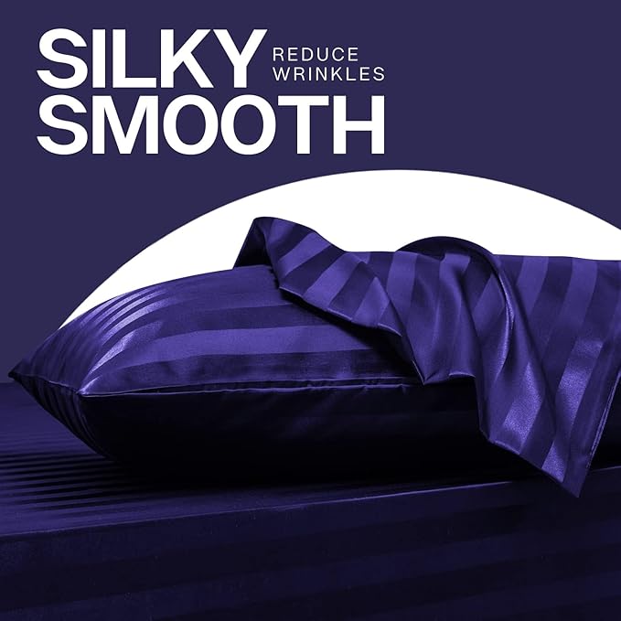 MR&HM Satin Pillowcase for Hair and Skin, Silk Satin Pillowcase 2 Pack, King Size Pillow Cases Set of 2, Silky Pillow Cover with Envelope Closure (20x40, Navy Blue Striped) - Bloomnest