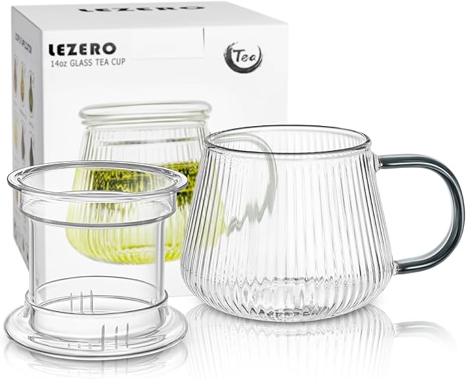 Lezero Tea Infuser Cup with Filter and Lids, Borosilicate Glass Mugs with Strainer for Blooming & Loose Leaf, Lead-free, Microwave & Dishwasher Safe, 14oz - Bloomnest